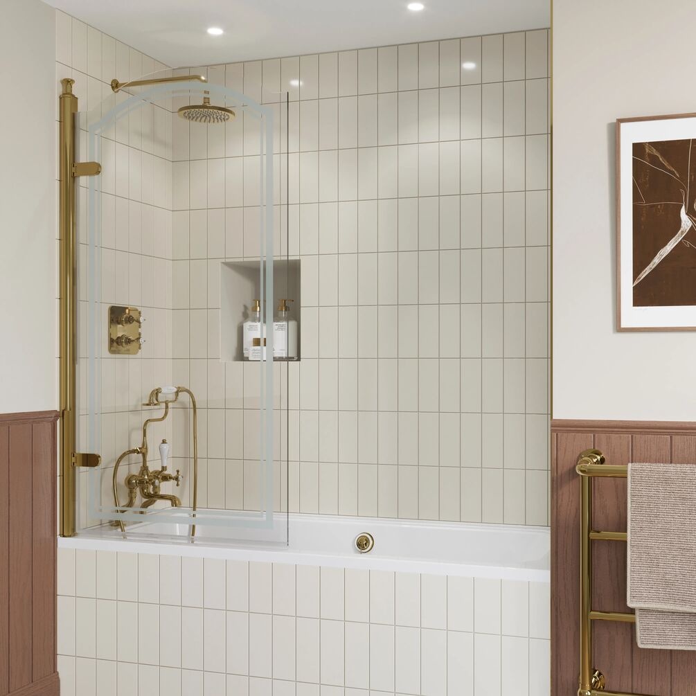 Lifestyle image of Burlington Classique Gold Curved Hinged Bath Screen